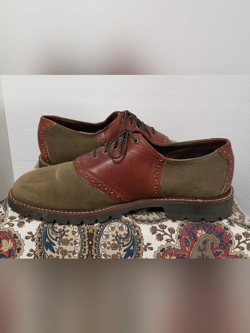 H.S.Trask Mens Loden Green Nubuck Brown Leather Saddle Oxford Shoes 11M
